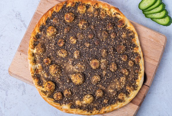 A fresh zaatar man'oushe seen from above